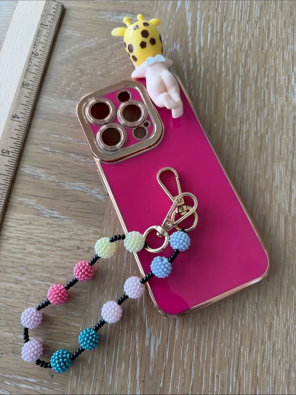 Lafunda 15PRO iPhone Case PINK LUX Gold Edge Sonny Angel Giraffe Beaded Charm